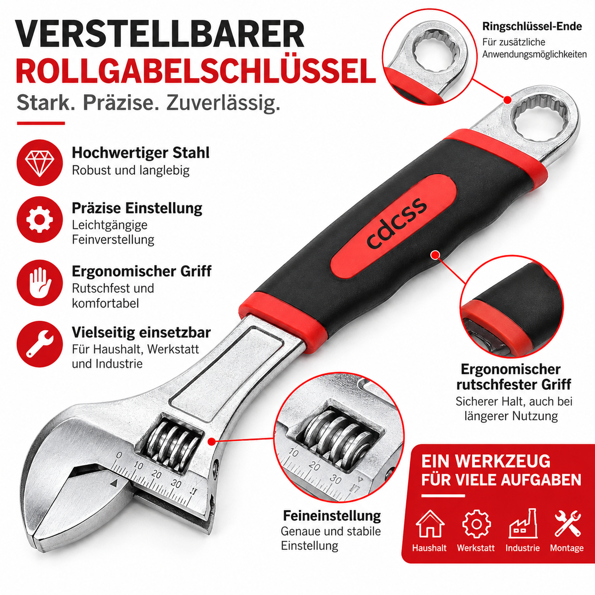 Verstellbarer Rollgabelschlüssel mit Ringende und rutschfestem Griff